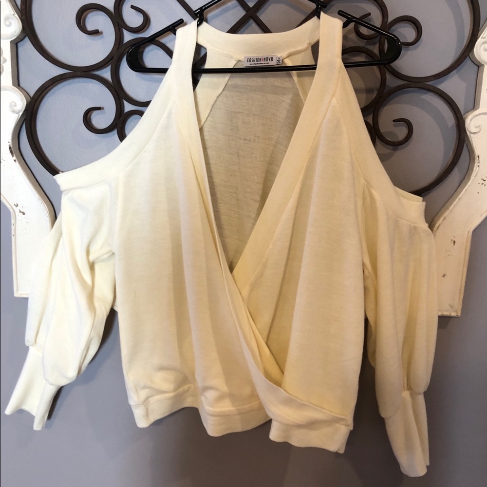 Cold Shoulder Cross Front Puff Sleeve Sweater